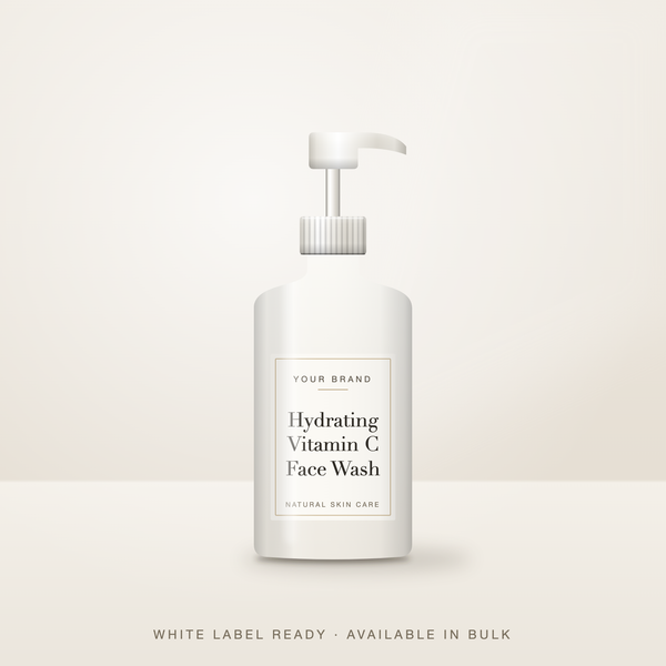 Hydrating Vitamin C Face Wash bulk base in an unbranded pump bottle with a Your Brand Here label