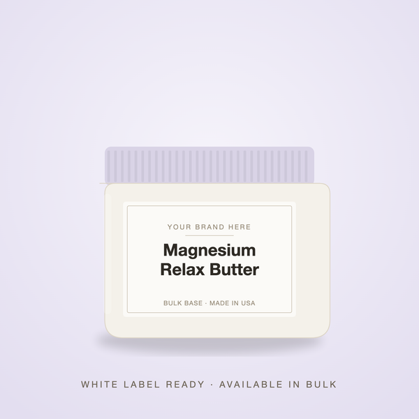 Magnesium Relax Body Butter bulk base in an unbranded jar with a Your Brand Here label