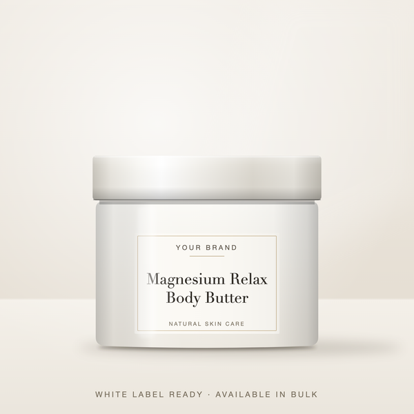 Magnesium Relax Body Butter bulk base in an unbranded jar with a Your Brand Here label