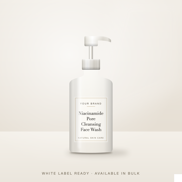 Niacinamide Face Wash bulk base in an unbranded pump bottle with a Your Brand Here label