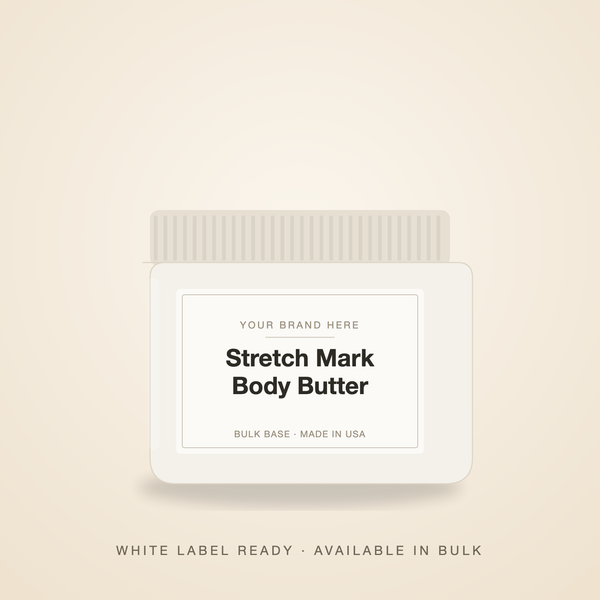 Stretch Mark Body Butter bulk base in an unbranded jar with a Your Brand Here label