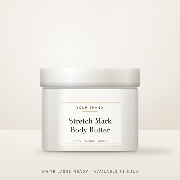 Stretch Mark Body Butter bulk base in an unbranded jar with a Your Brand Here label