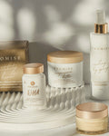 Skincare products with 'Promise' branding on a light background