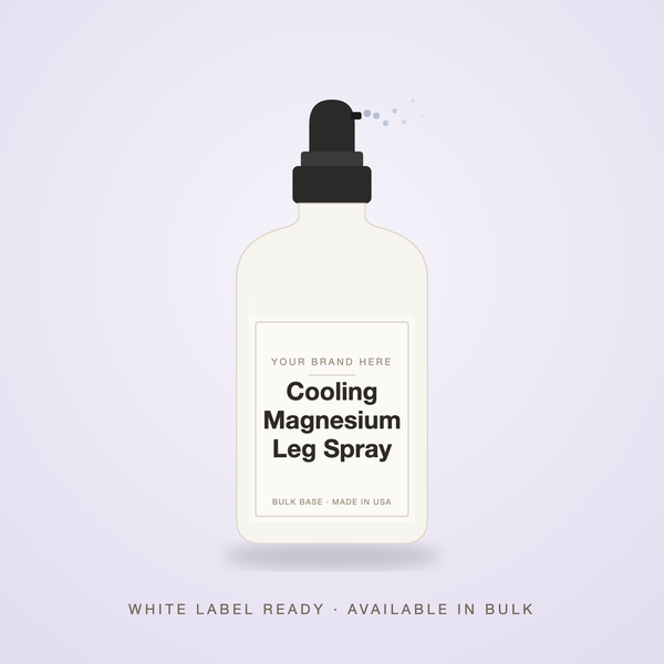 Cooling Magnesium Leg Spray bulk base in an unbranded spray bottle with a Your Brand Here label