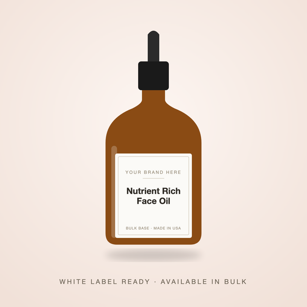 Nutrient Rich Face Oil bulk base in an unbranded amber dropper bottle with a Your Brand Here label