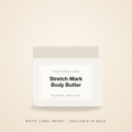 Stretch Mark Body Butter bulk base in an unbranded jar with a Your Brand Here label