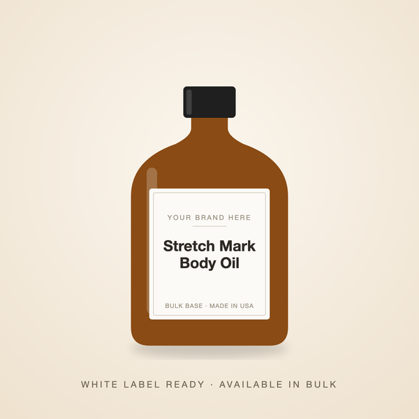 Stretch Mark Body Oil bulk base in an unbranded amber bottle with a Your Brand Here label