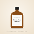 Stretch Mark Body Oil bulk base in an unbranded amber bottle with a Your Brand Here label