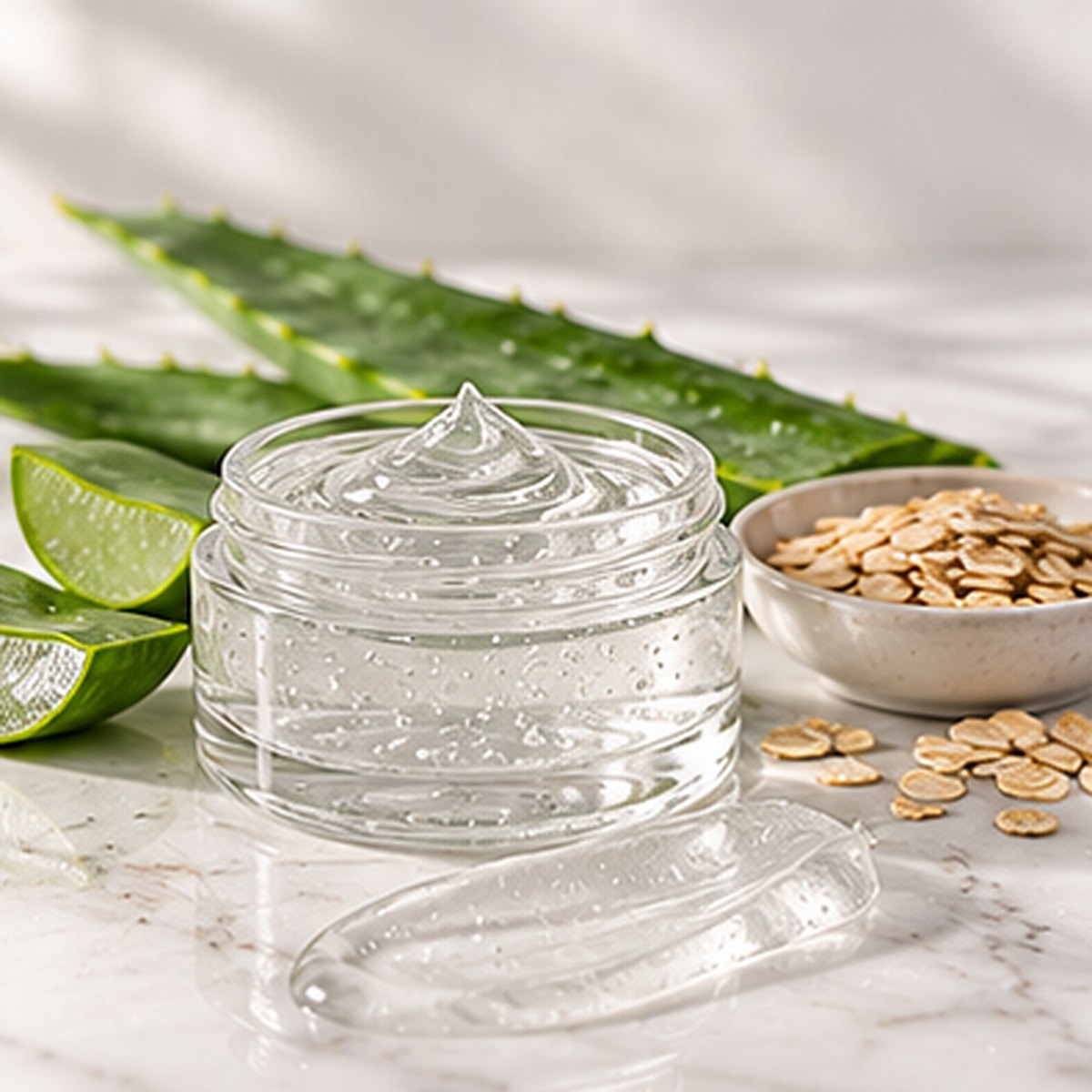 Aloe + Beta-Glucan Hydrating Gel texture on a white marble countertop with natural ingredients