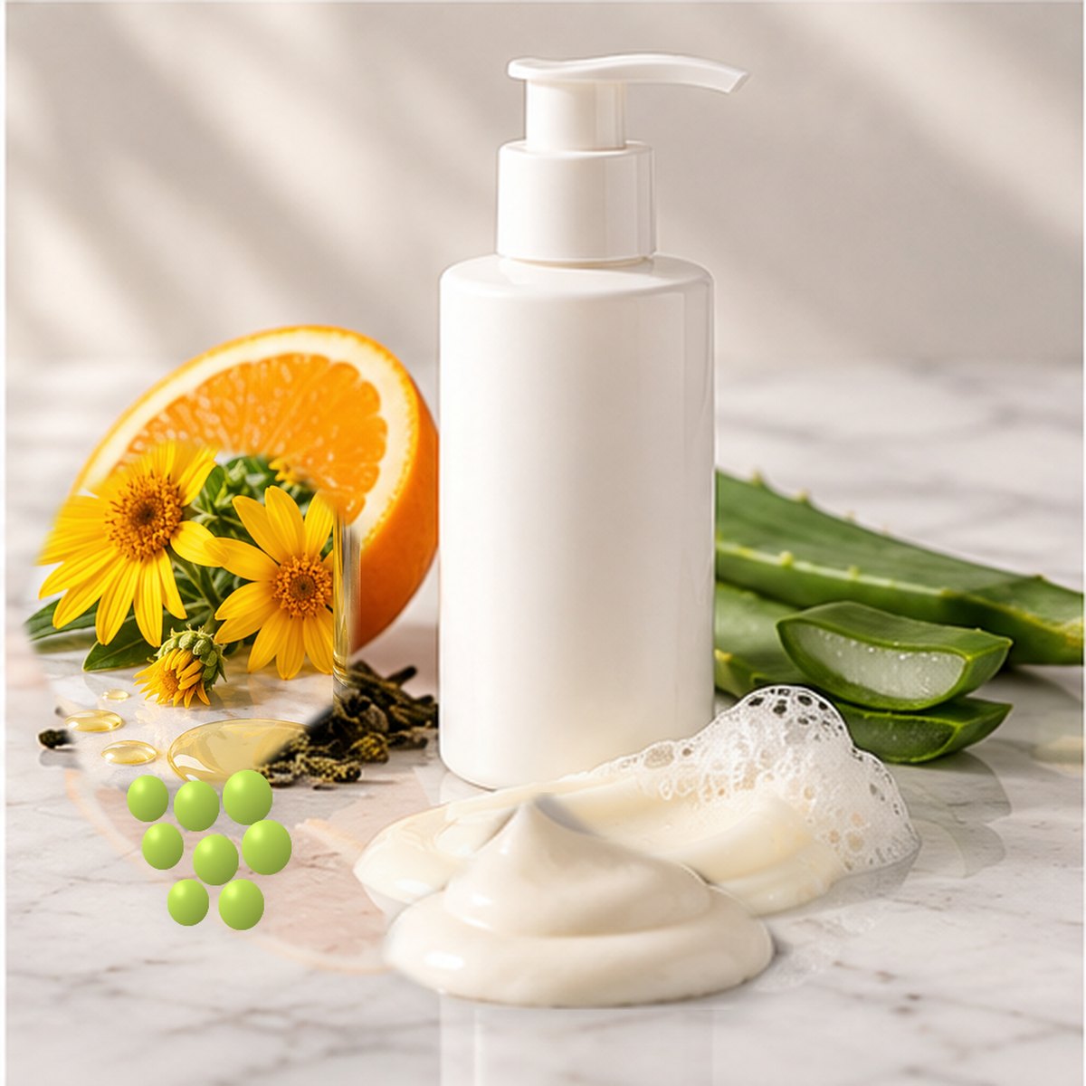 Aloe + Glycerin Everyday Lotion Base texture on a white marble countertop with natural ingredients