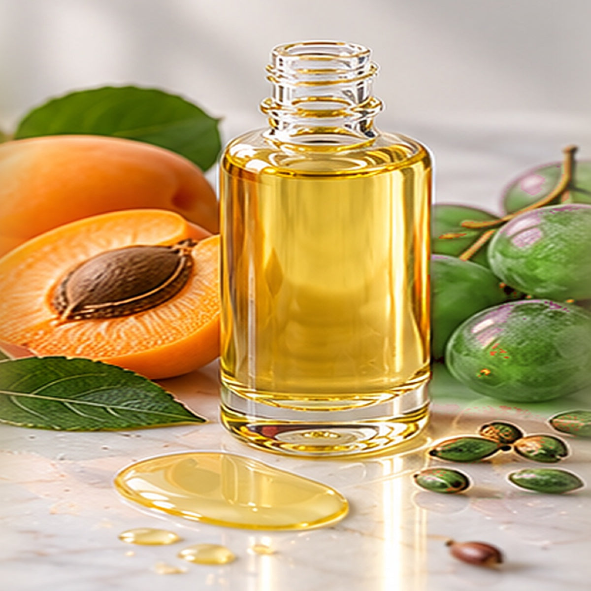 Apricot + Grapeseed Silky Body Oil texture on a white marble countertop with natural ingredients