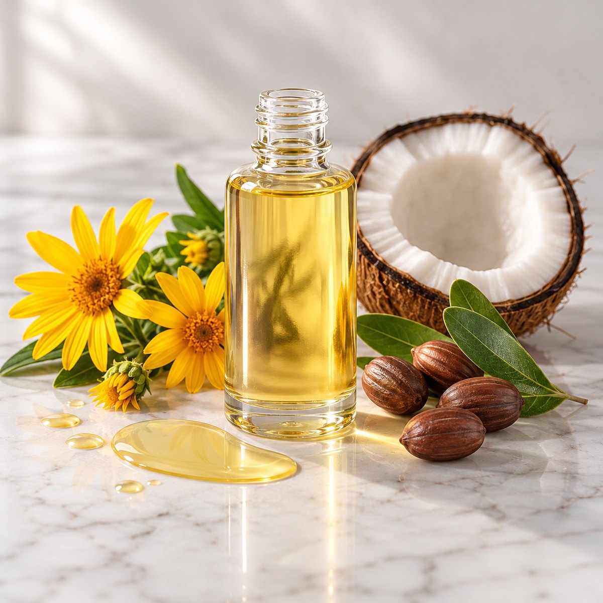 Arnica + Jojoba Spa Massage Oil texture on a white marble countertop with natural ingredients