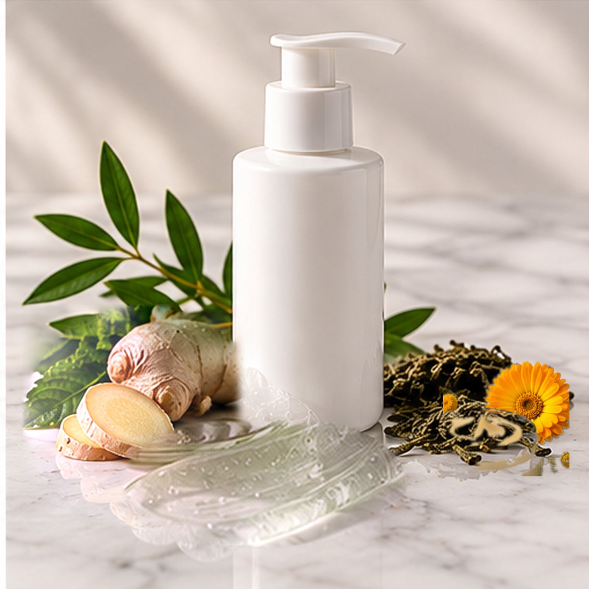Arnica + Magnesium Cooling Gel texture on a white marble countertop with natural ingredients