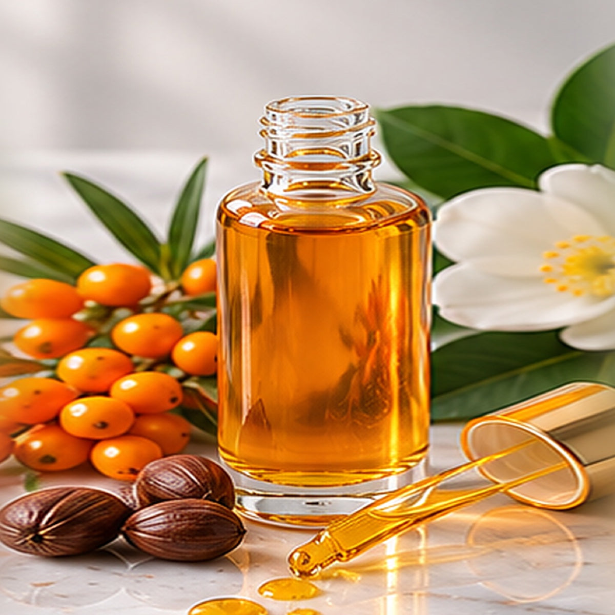 Bakuchiol + Sea Buckthorn Renewal Oil texture on a white marble countertop with natural ingredients
