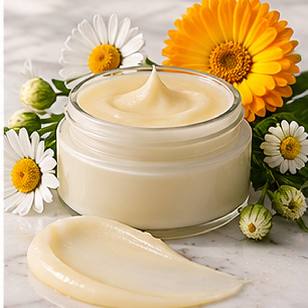 Calendula + Shea Comfort Body Balm texture on a white marble countertop with natural ingredients