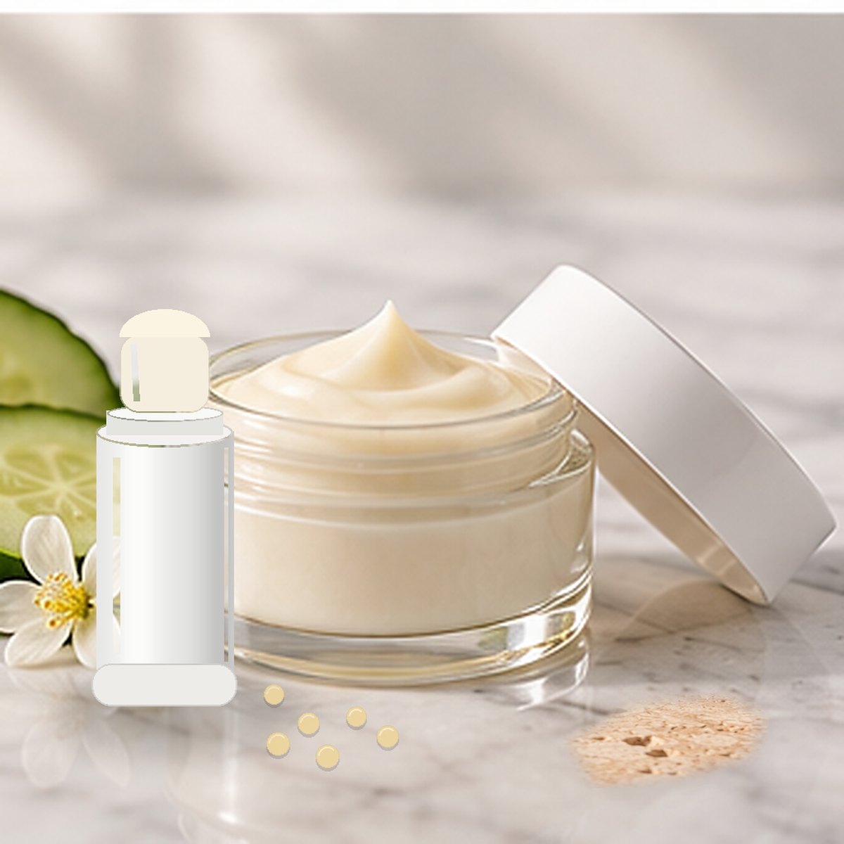Candelilla + Vanilla Vegan Lip Balm texture on a white marble countertop with natural ingredients