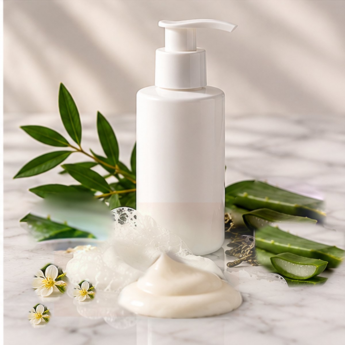 Chamomile + Allantoin Calming Lotion texture on a white marble countertop with natural ingredients