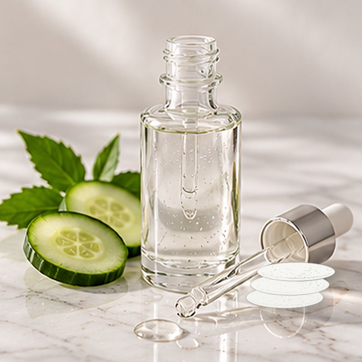 Chamomile + Cucumber Micellar Water texture on a white marble countertop with natural ingredients