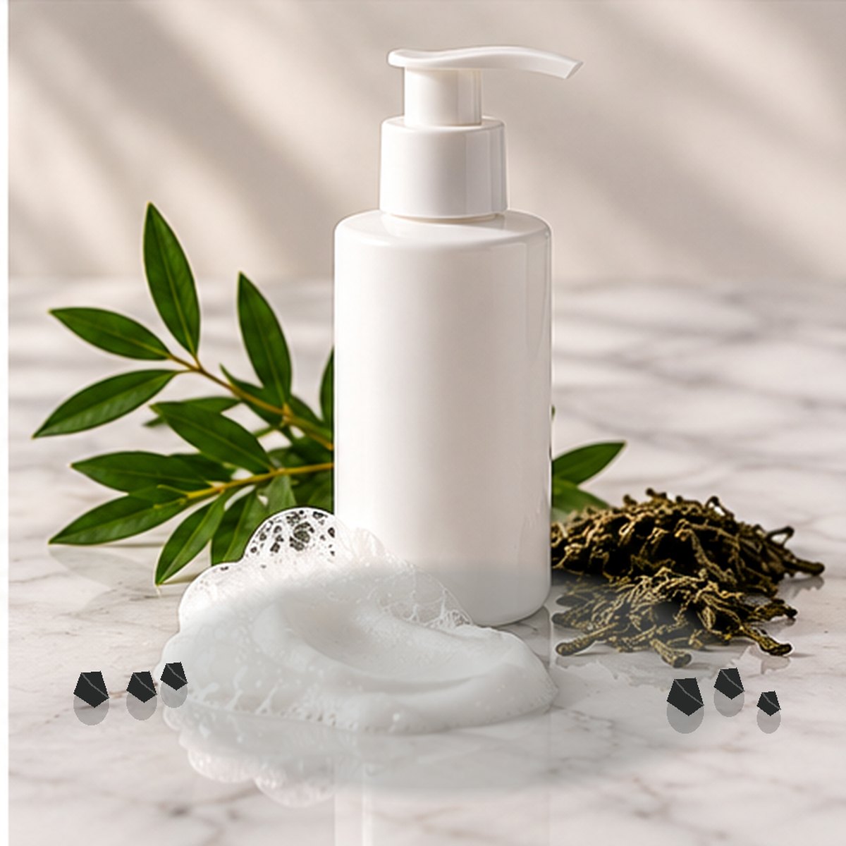 Charcoal + Tea Tree Purifying Cleanser texture on a white marble countertop with natural ingredients