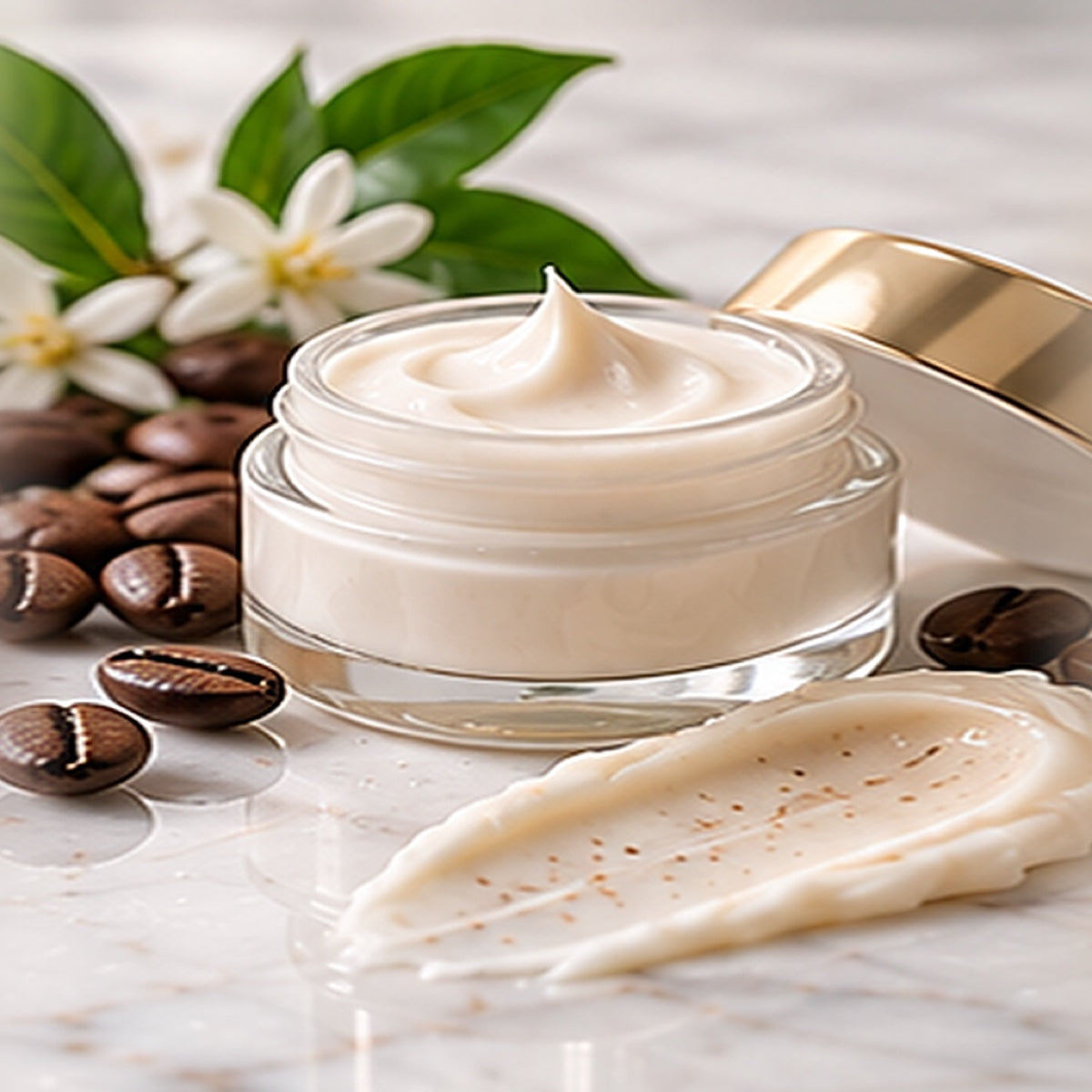 Coffee Bean + Peptide Eye Cream texture on a white marble countertop with natural ingredients