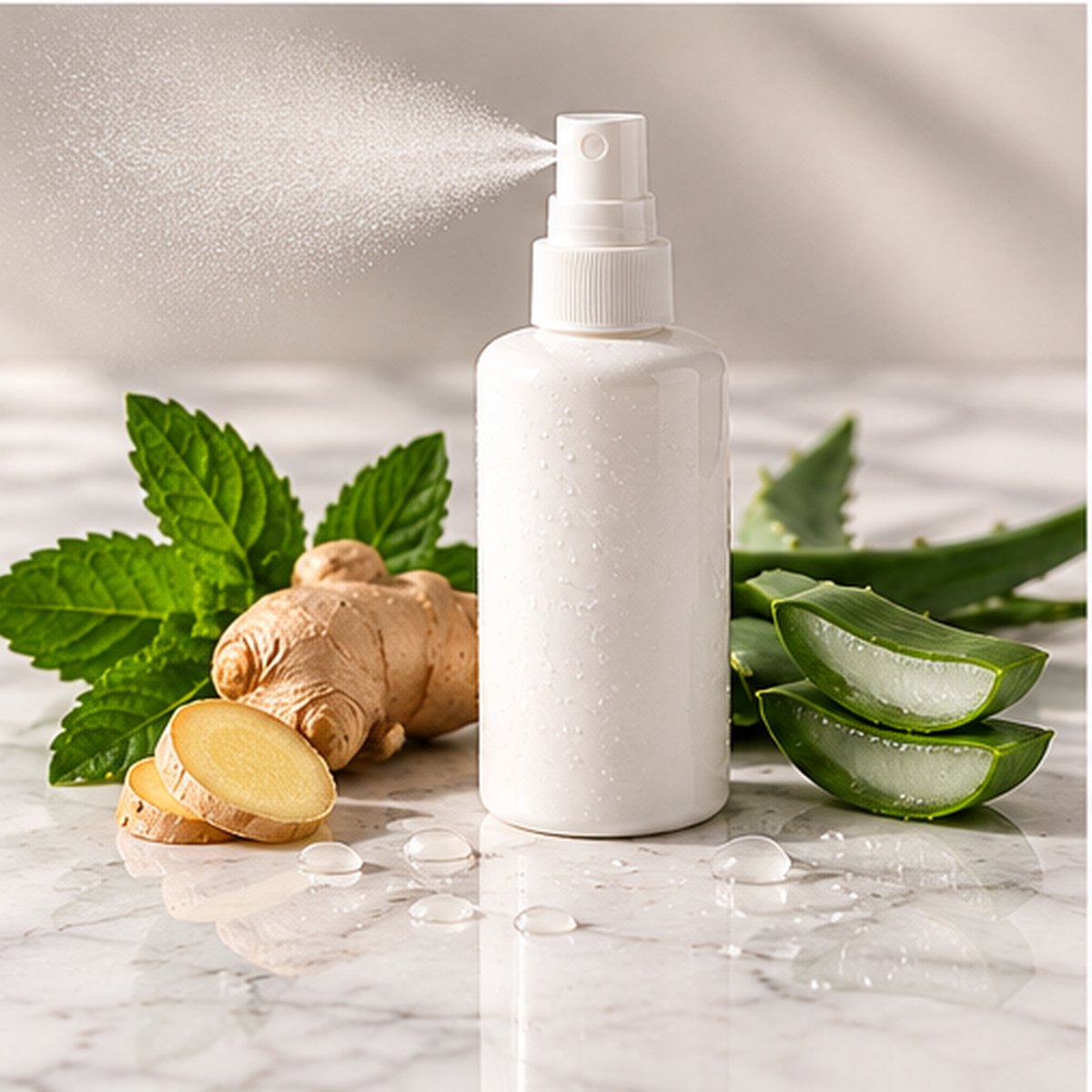 Cooling Magnesium Leg Spray on a white marble countertop with natural ingredients