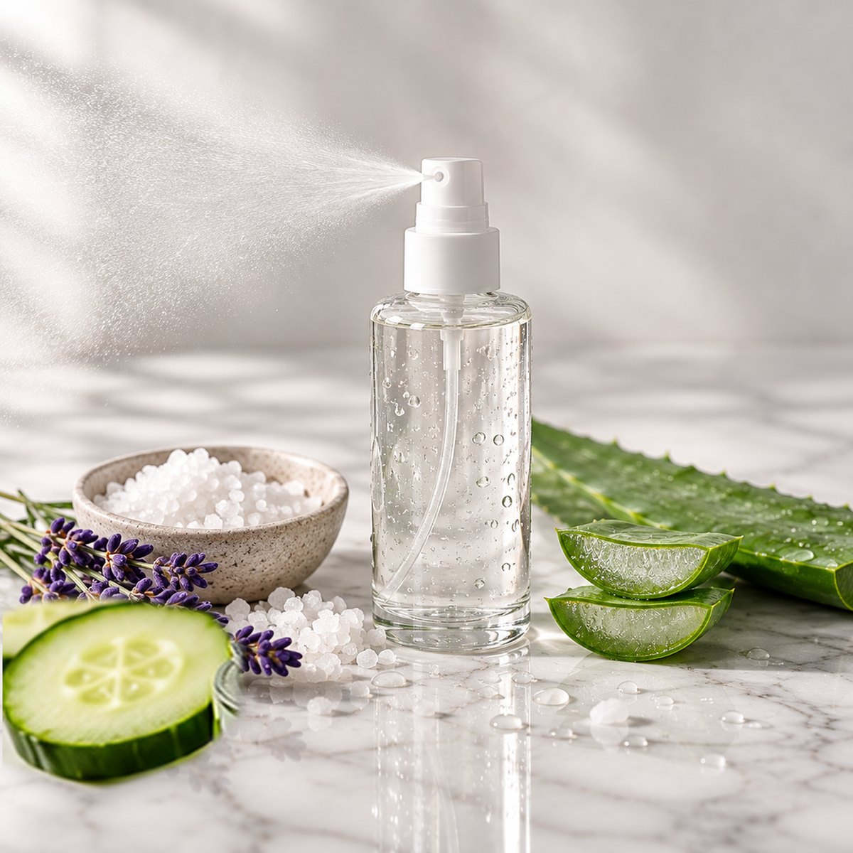 Cucumber + Aloe Refreshing Toner texture on a white marble countertop with natural ingredients