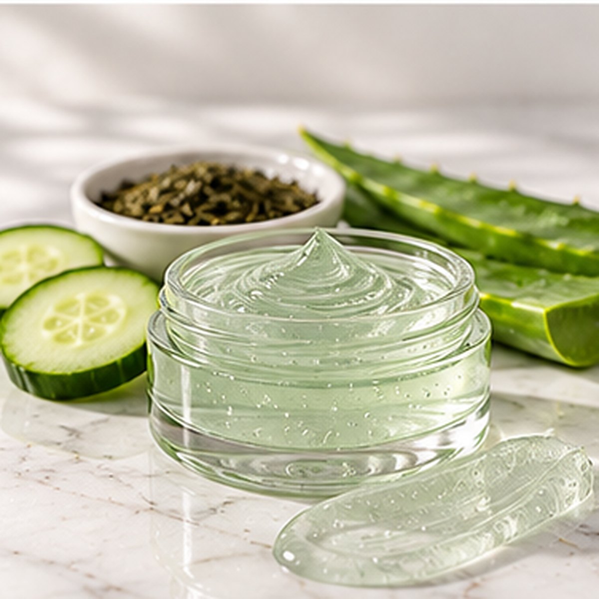 Cucumber + Green Tea Calming Gel texture on a white marble countertop with natural ingredients