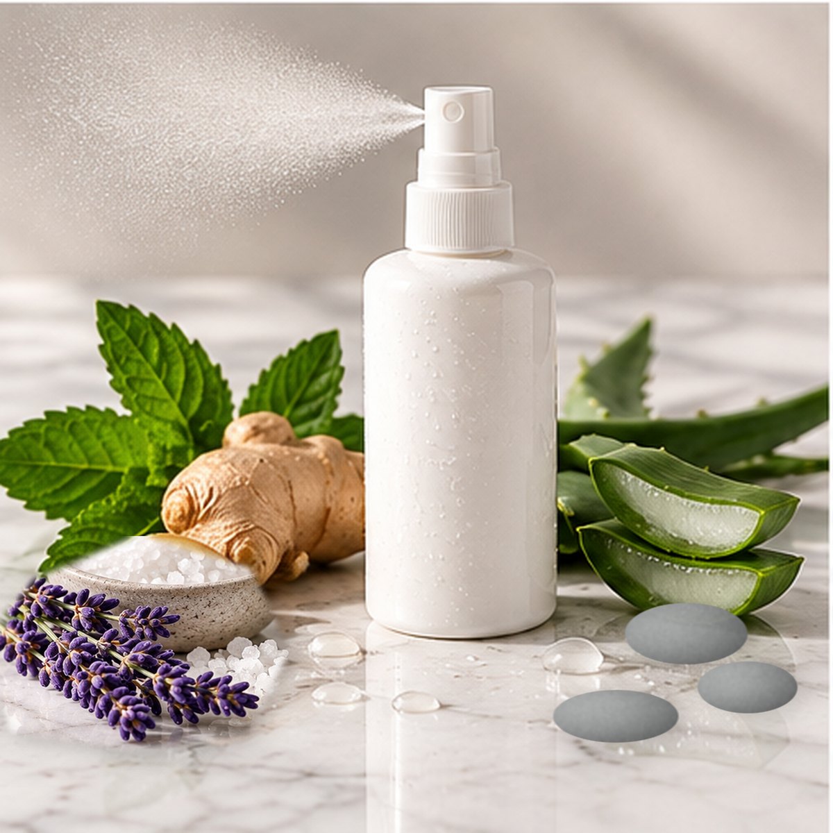Dead Sea Salt Texture Spray on a white marble countertop with natural ingredients