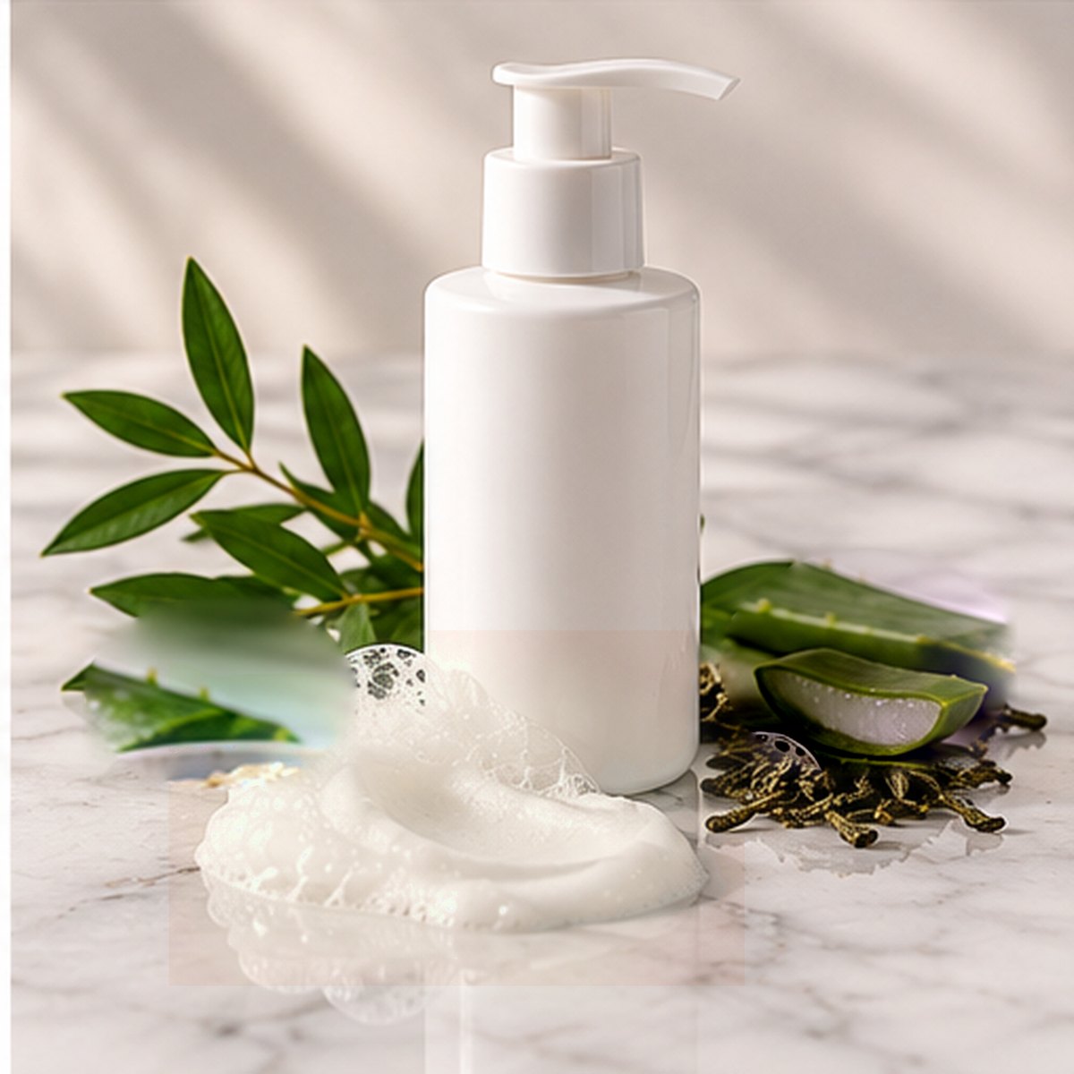 Green Tea + Probiotic Cream Cleanser texture on a white marble countertop with natural ingredients
