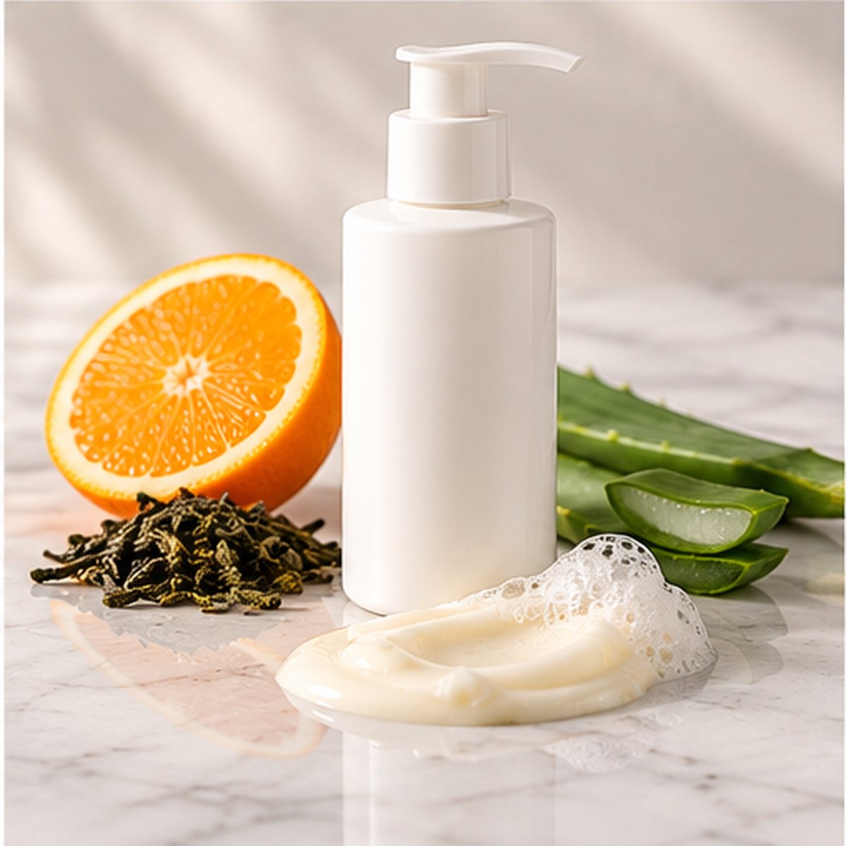Hydrating Vitamin C Face Wash texture on a white marble countertop with natural ingredients