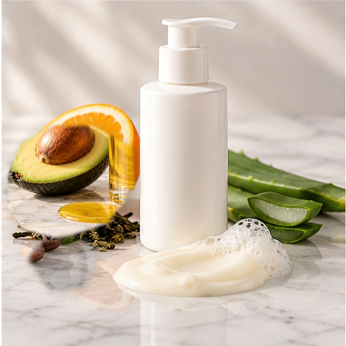 Jojoba + Avocado Daily Moisturizer texture on a white marble countertop with natural ingredients