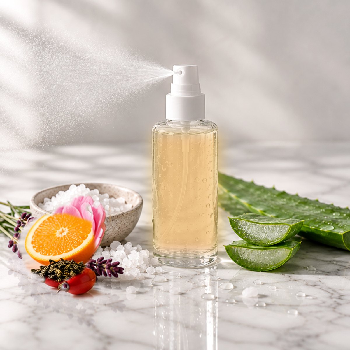 Licorice + Vitamin C Brightening Toner texture on a white marble countertop with natural ingredients