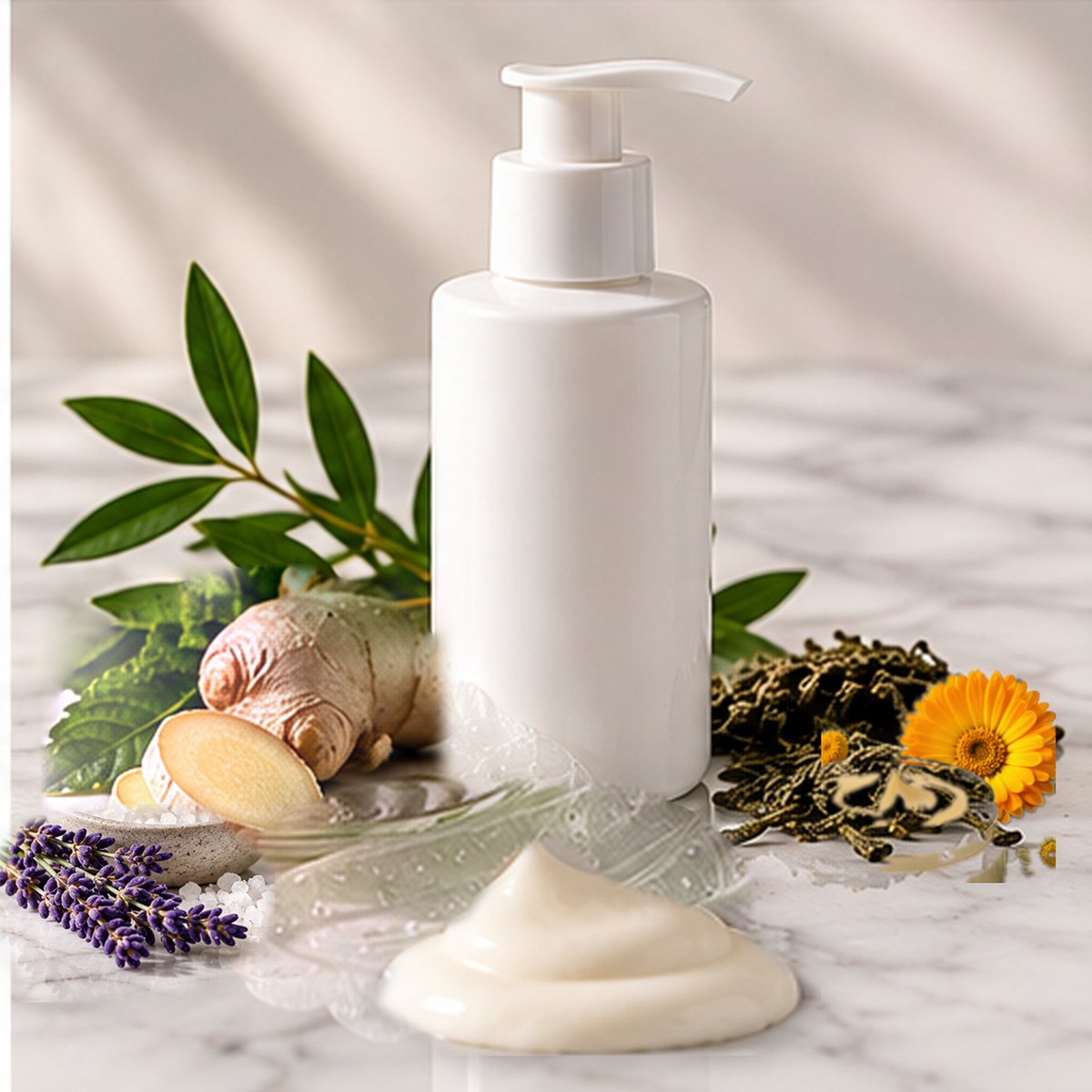 Magnesium + Arnica Recovery Lotion texture on a white marble countertop with natural ingredients