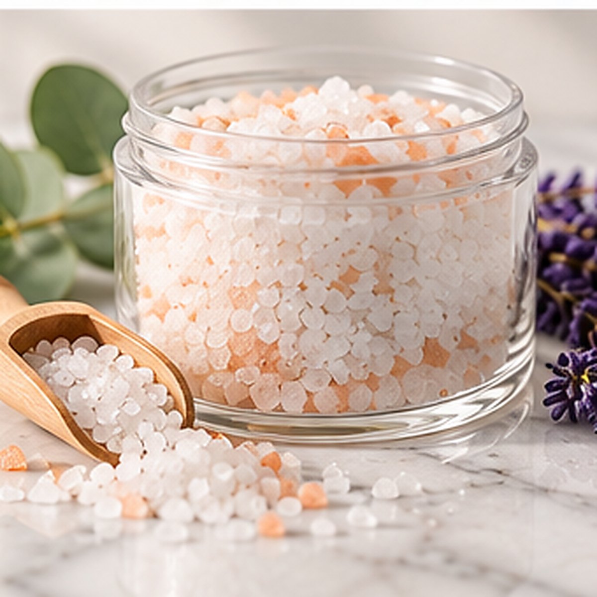 Magnesium Mineral Bath Soak salts on a white marble countertop with natural ingredients