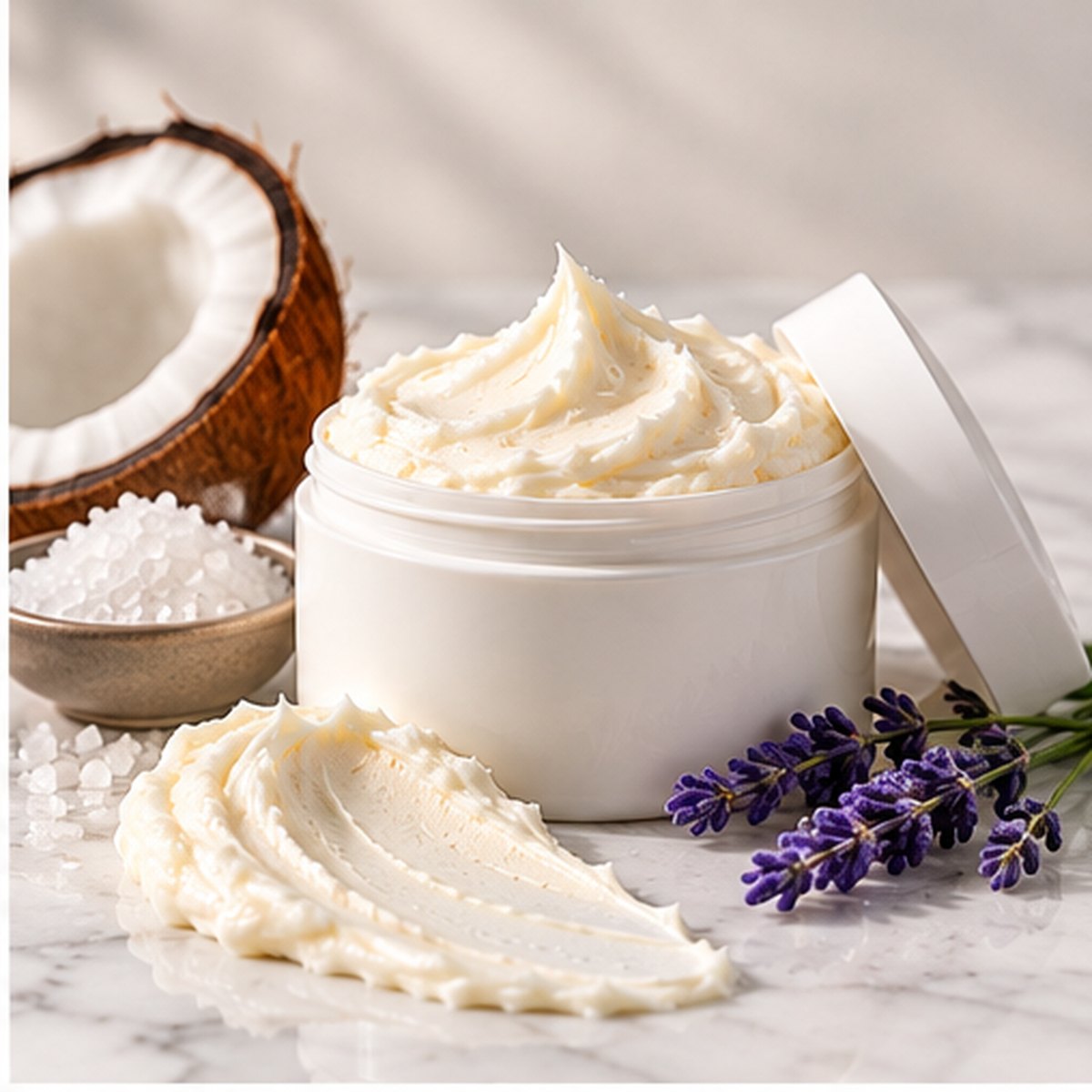 Magnesium Relax Body Butter texture on a white marble countertop with natural ingredients