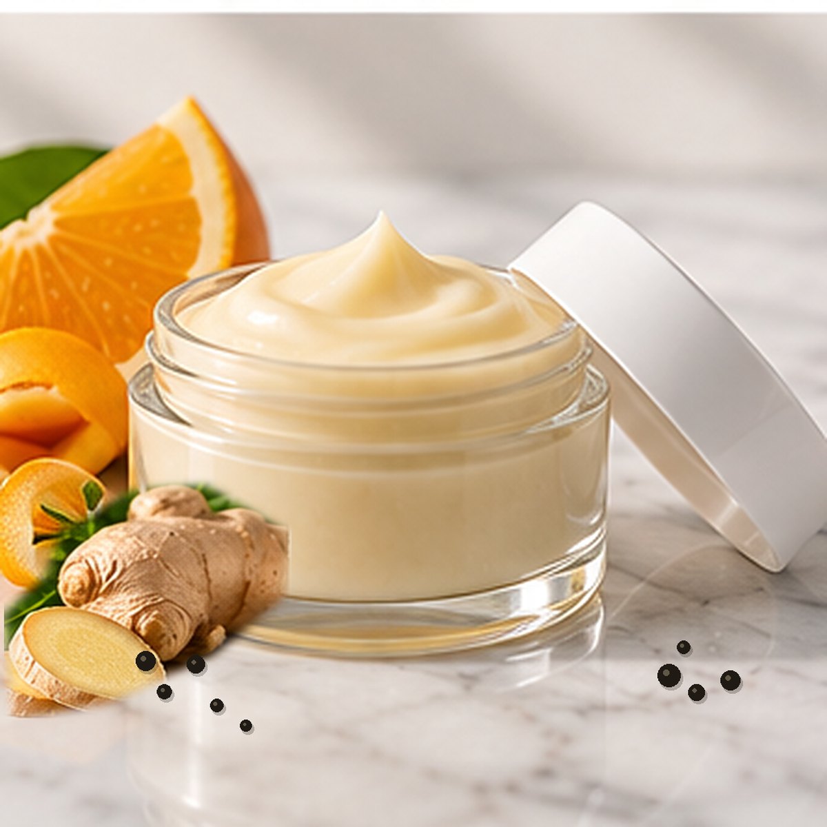 Magnesium + Ginger Warming Muscle Balm texture on a white marble countertop with natural ingredients