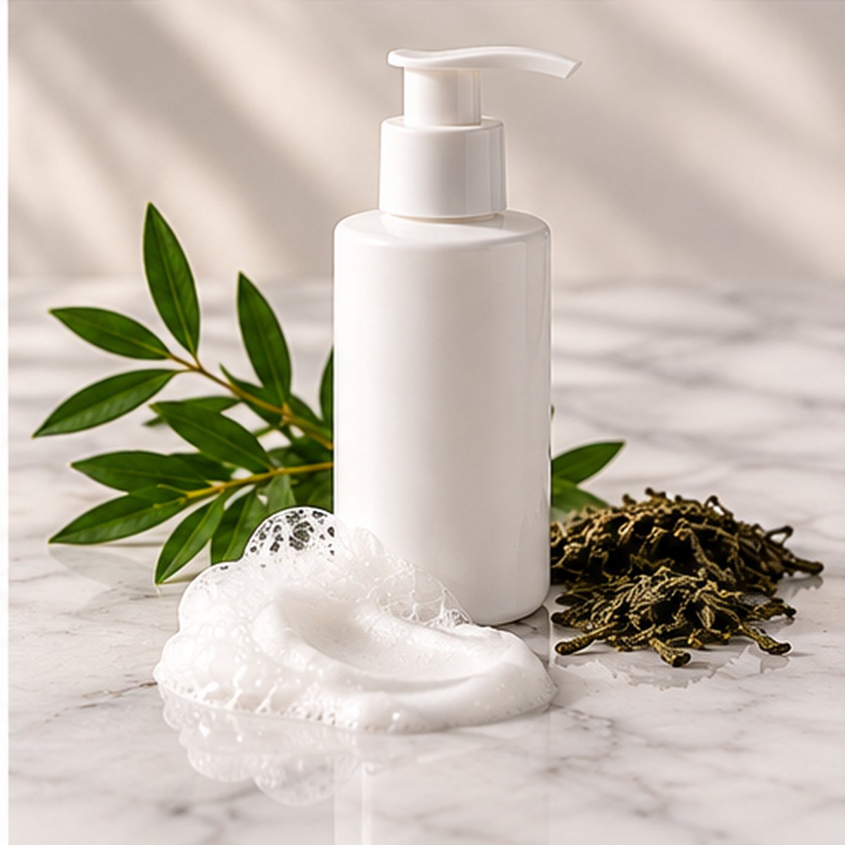 Niacinamide Pore Cleansing Face Wash texture on a white marble countertop with natural ingredients