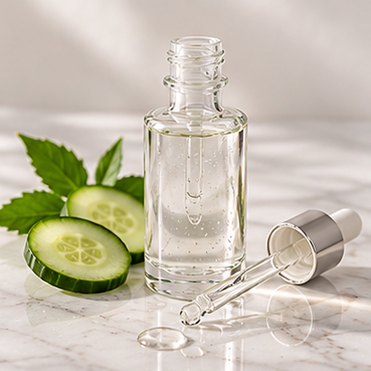 Niacinamide + Zinc Clarifying Serum texture on a white marble countertop with natural ingredients