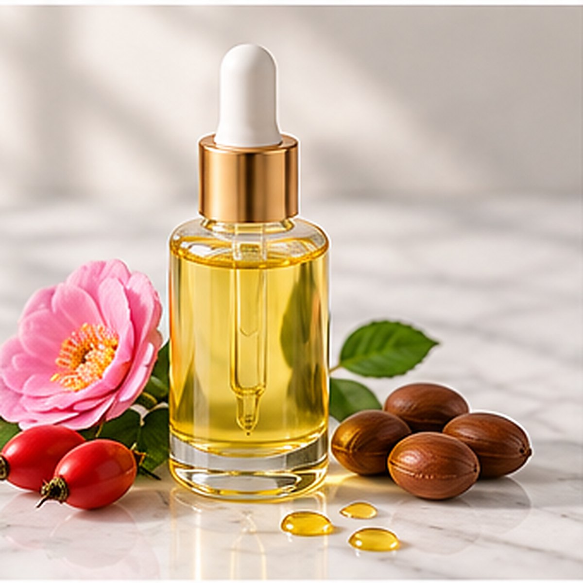 Nutrient Rich Face Oil texture on a white marble countertop with natural ingredients