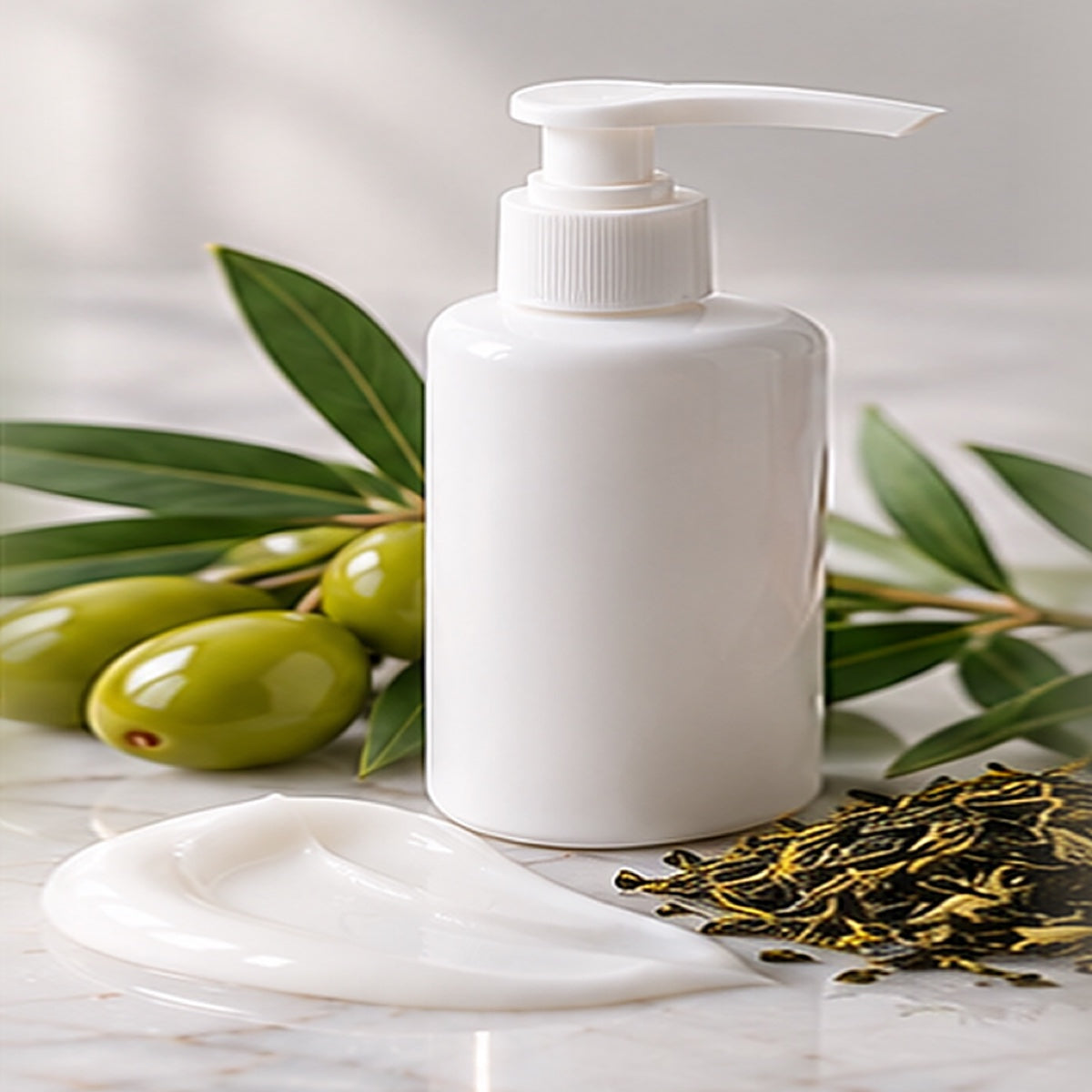 Olive Squalane + Green Tea Body Lotion texture on a white marble countertop with natural ingredients