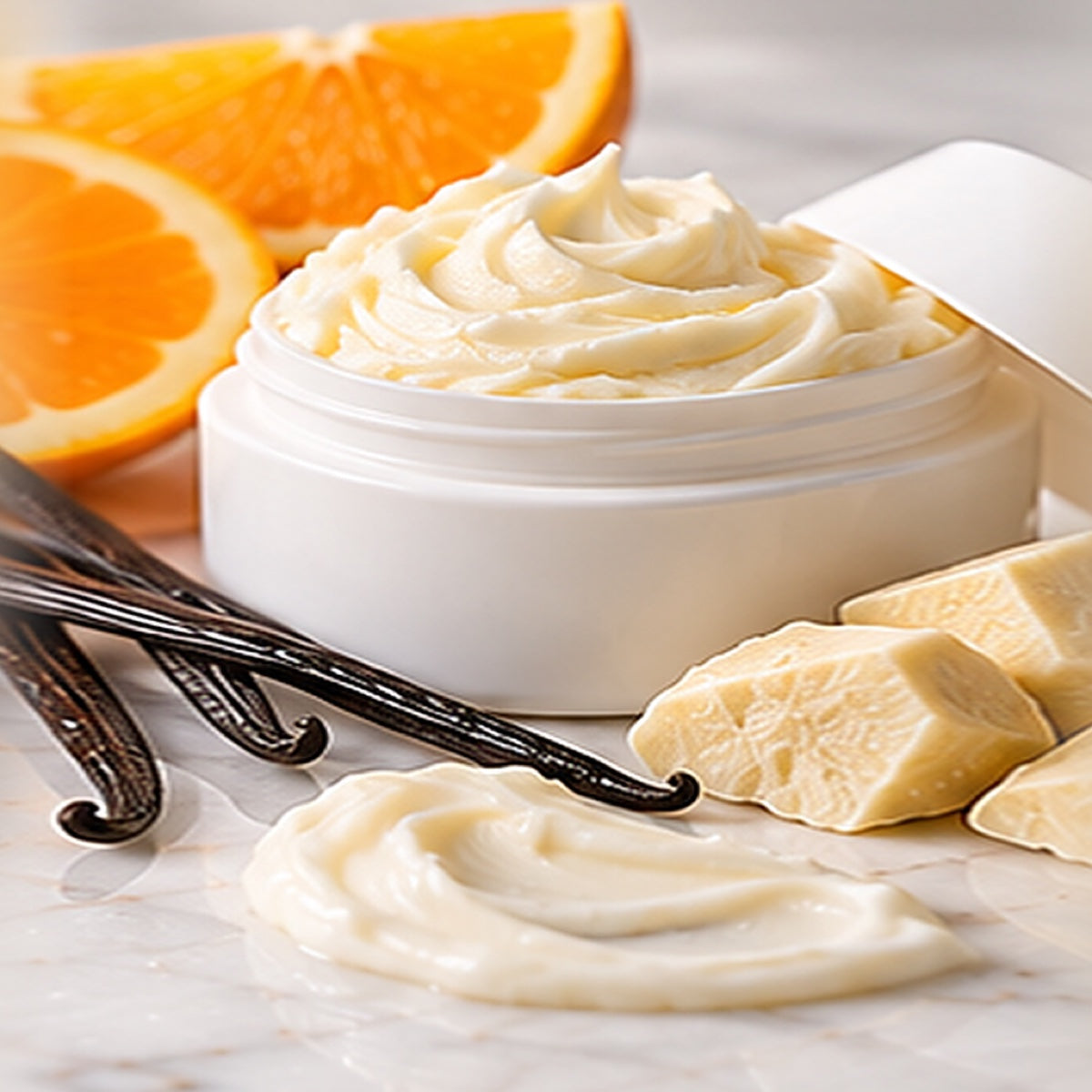 Orange Vanilla Triple Butter Cream texture on a white marble countertop with natural ingredients