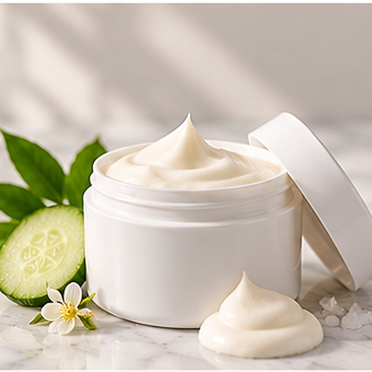 Hydrate + Plump Peptide Face Cream texture on a white marble countertop with natural ingredients