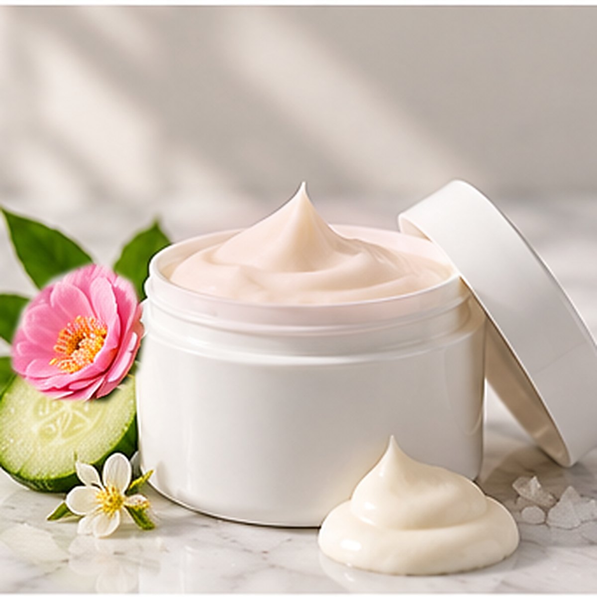 Rose + Ceramide Comfort Cream texture on a white marble countertop with natural ingredients