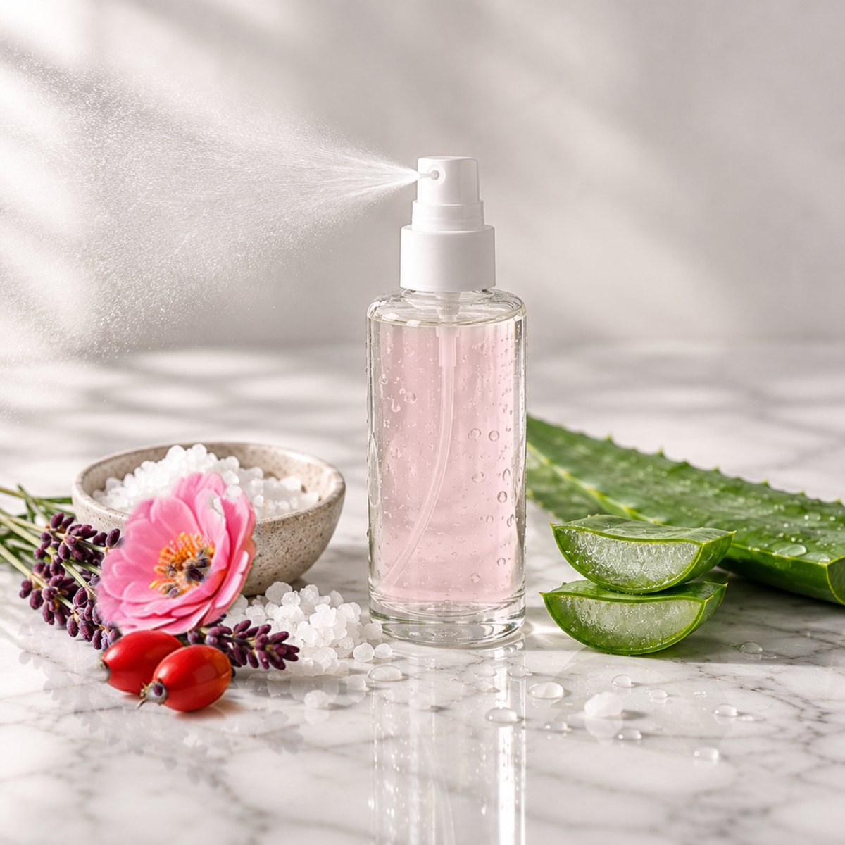 Rose + Hyaluronic Hydrating Toner on a white marble countertop with natural ingredients
