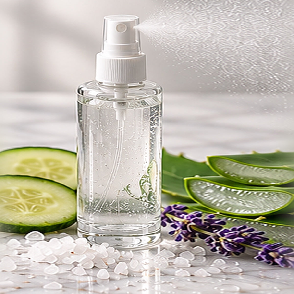 Sea Mineral Toner Mist texture on a white marble countertop with natural ingredients