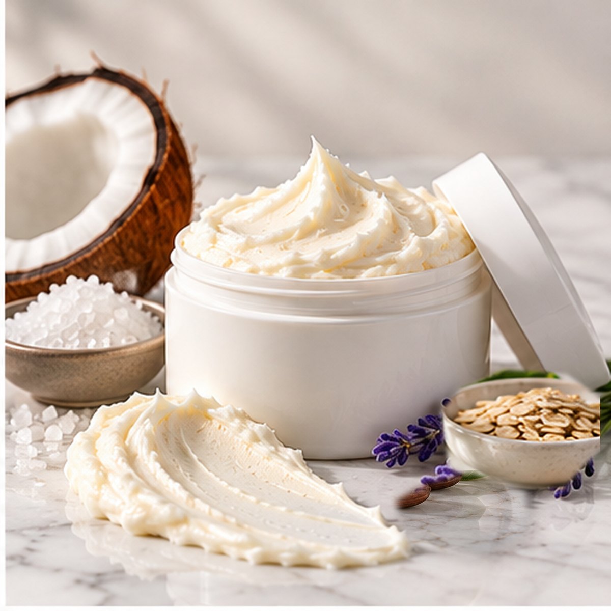 Shea + Colloidal Oat Intensive Body Cream texture on a white marble countertop with natural ingredients