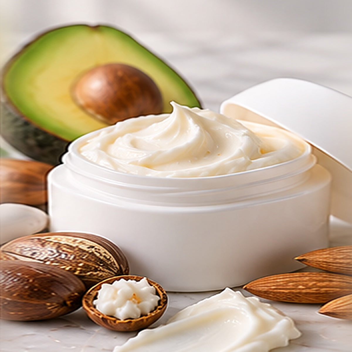Shea + Squalane Unscented Rich Cream texture on a white marble countertop with natural ingredients