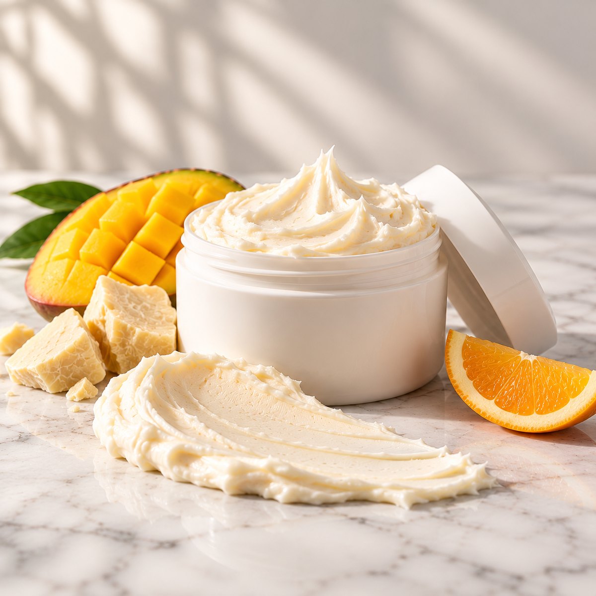 Stretch Mark Body Butter texture on a white marble countertop with natural ingredients