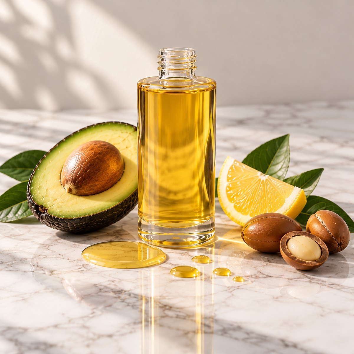 Stretch Mark Defense Body Oil texture on a white marble countertop with natural ingredients