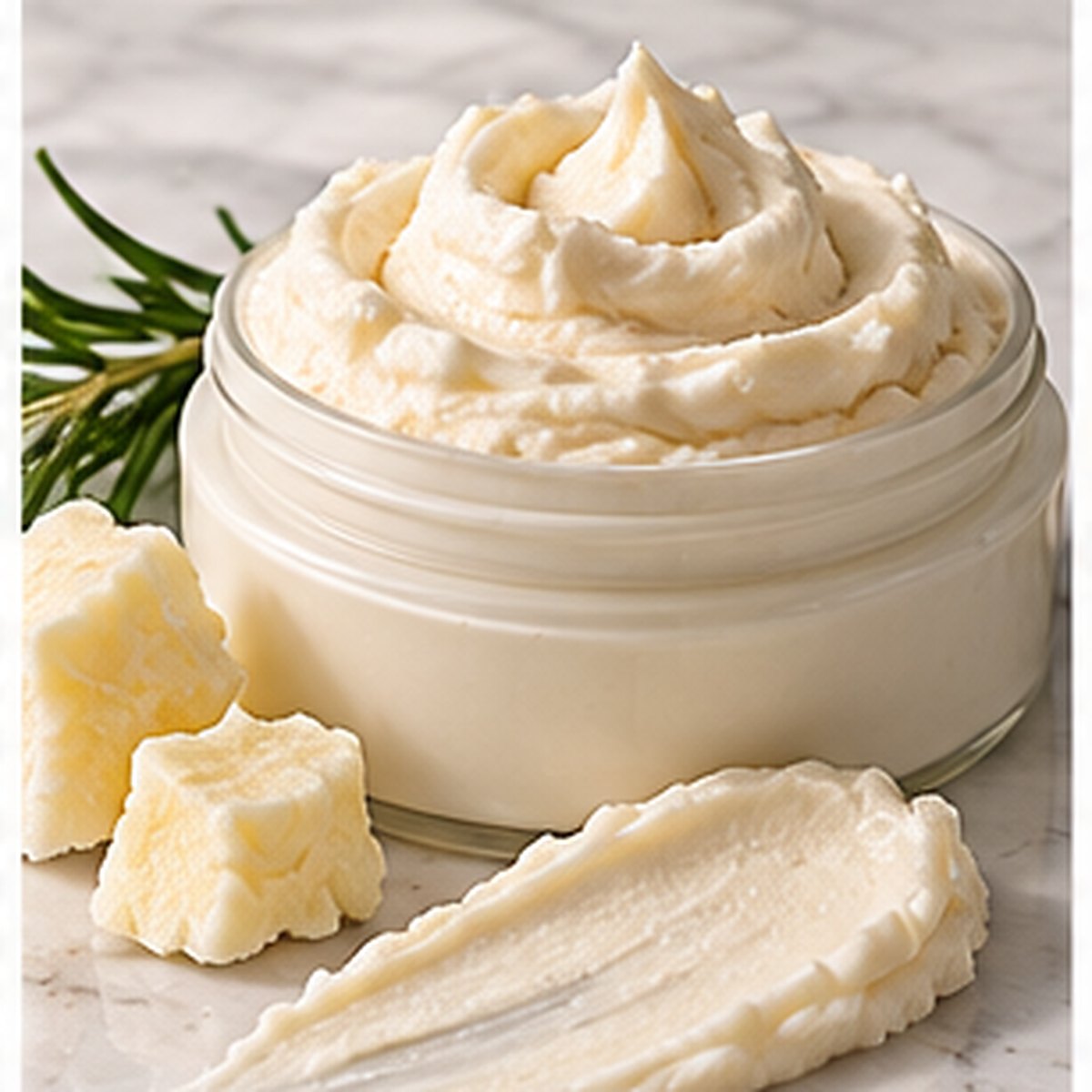 Tamanu Triple-Butter Barrier Balm texture on a white marble countertop with natural ingredients
